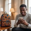A young man staring into his phone with excitement and two Ankara accessories. Best Side Hustles in Nigeria To Start Today