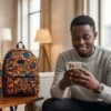 A young man staring into his phone with excitement and two Ankara accessories. Best Side Hustles in Nigeria To Start Today