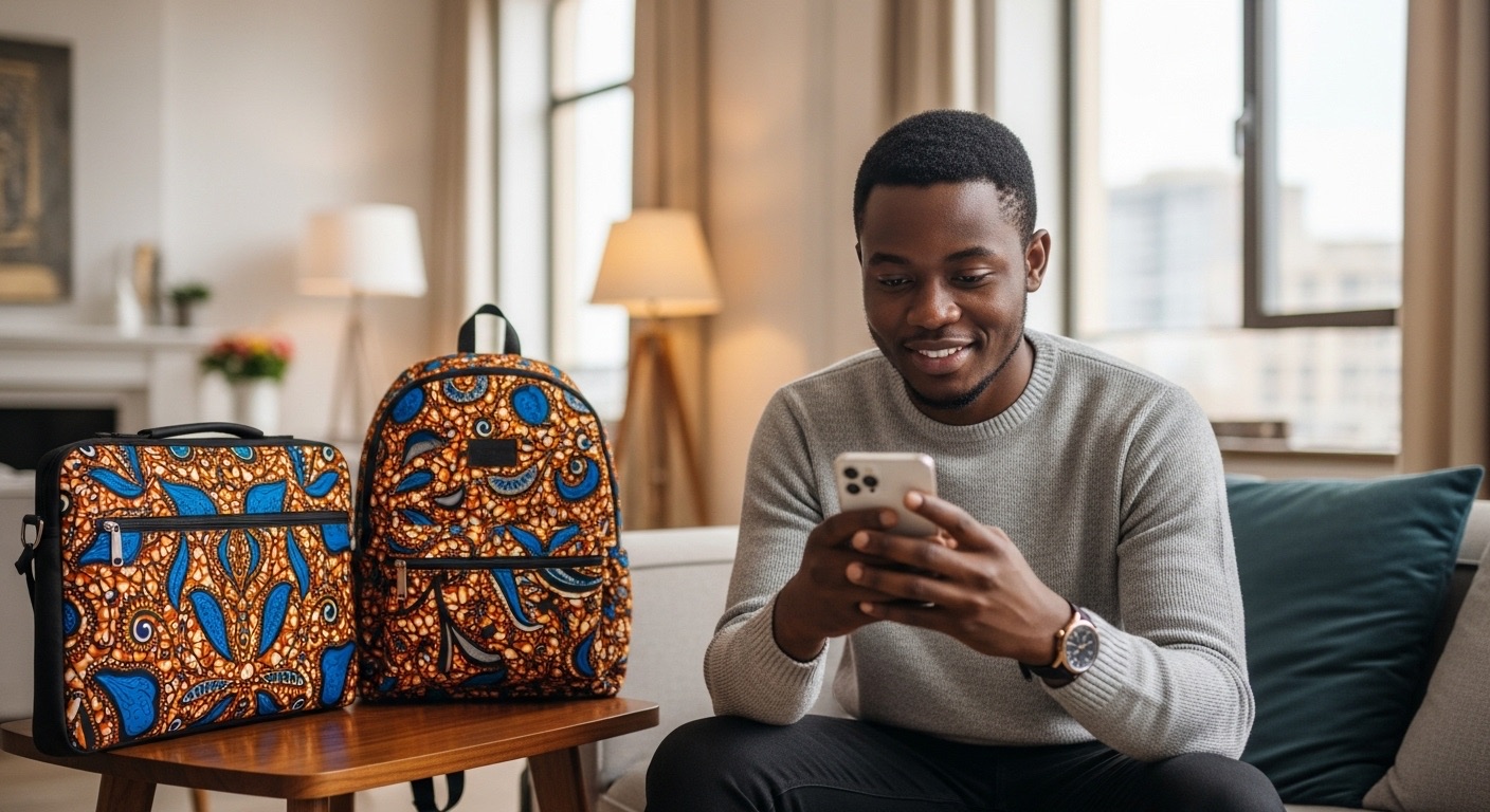 A young man staring into his phone with excitement and two Ankara accessories. Best Side Hustles in Nigeria To Start Today