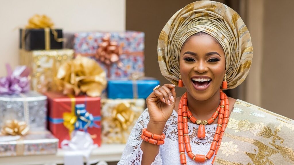 Nigeria bride in with a joyful expression and a collection of wrapped gifts in the background.