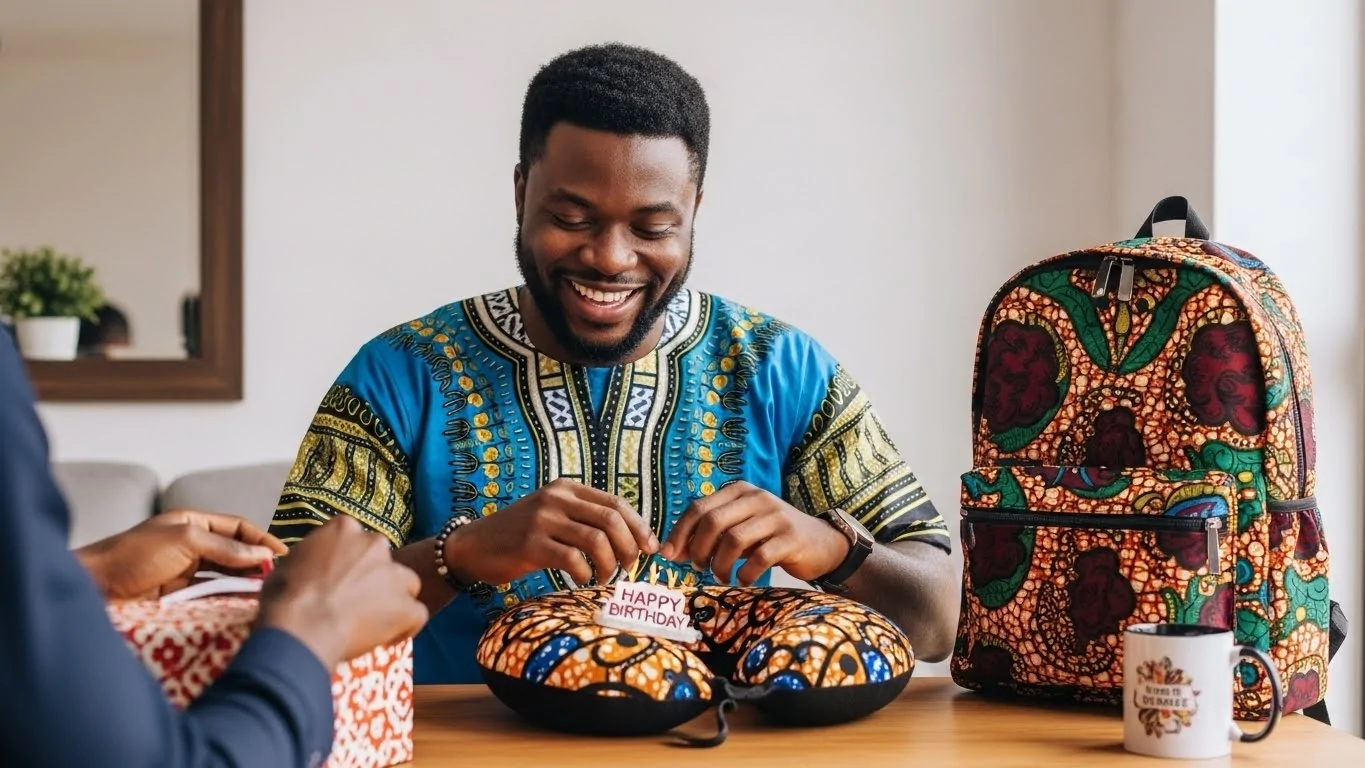 A Nigerian man checking out a collection of birthday presents.