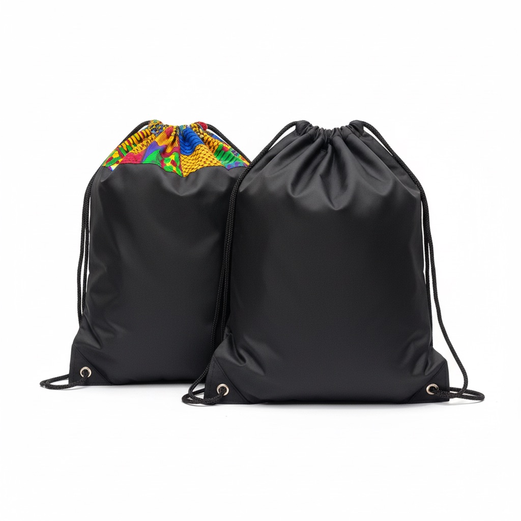 Drawstring bags with Ankara design.