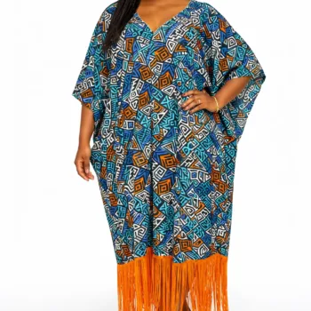 African print Ankara boubou-kaftan dress with a geometric pattern and orange fringe