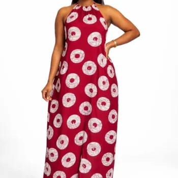 Backless halter neck dress with a red and white circular pattern