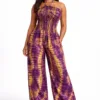 Purple and yellow tie-dye or African print smocked halter-neck jumpsuit or maxi dress