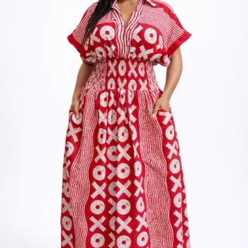 Red and white patterned backless halter neck dress