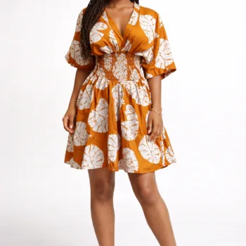 Short, smocked-waist dress in an Ankara print fabric