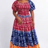 Women's puff-sleeve, smocked bodice, tiered maxi dress with a multi-color print rayon
