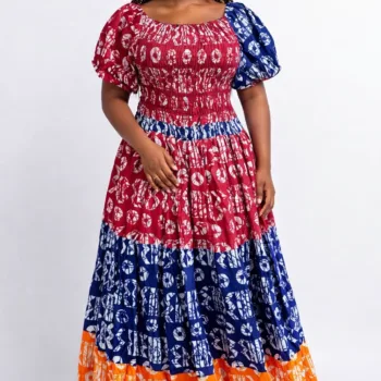 Women's puff-sleeve, smocked bodice, tiered maxi dress with a multi-color print rayon