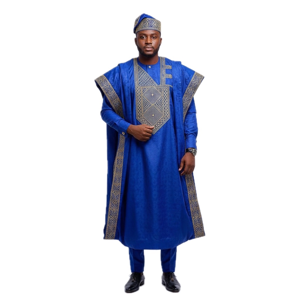 The Ultimate Guide to Nigerian Male Wedding Guest Attire: Style, Culture, and Tradition 1 A Nigerian man wearing a blue Agbada traditional dress, useful as a male wedding attire for weddings in Nigeria