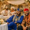 Two Nigerian males dressed in traditional attires in a wedding ceremony, with the bride and groom dressed in native wears.