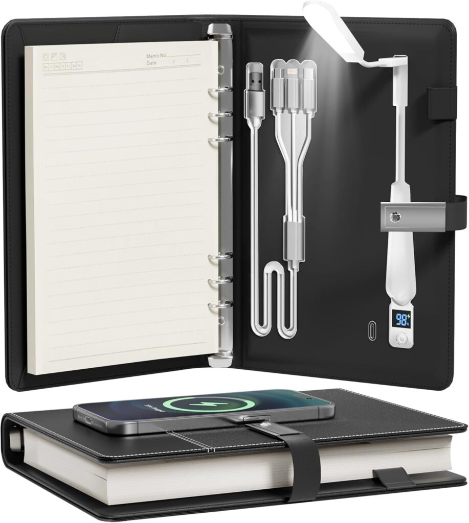 The gift set comes complete with a notepad, pen, built-in power bank, flash drive, torchlight, and a wireless charging pad.