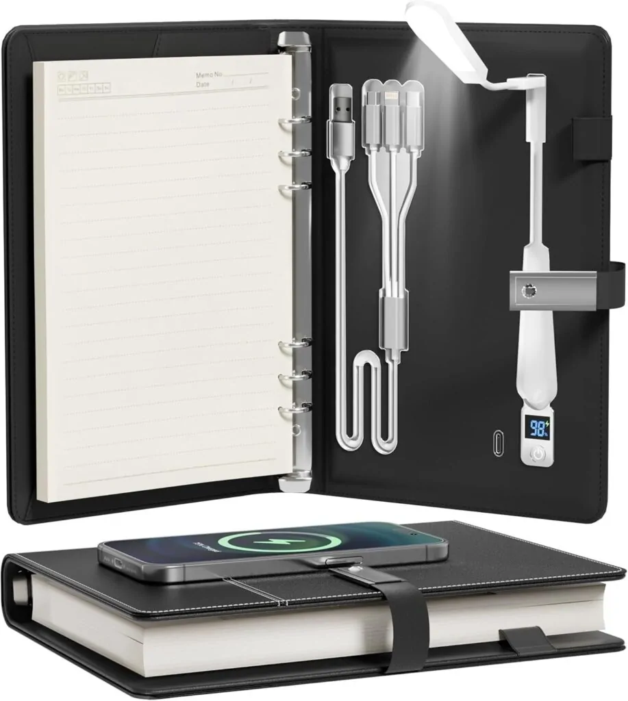 The gift set comes complete with a notepad, pen, built-in power bank, flash drive, torchlight, and a wireless charging pad.