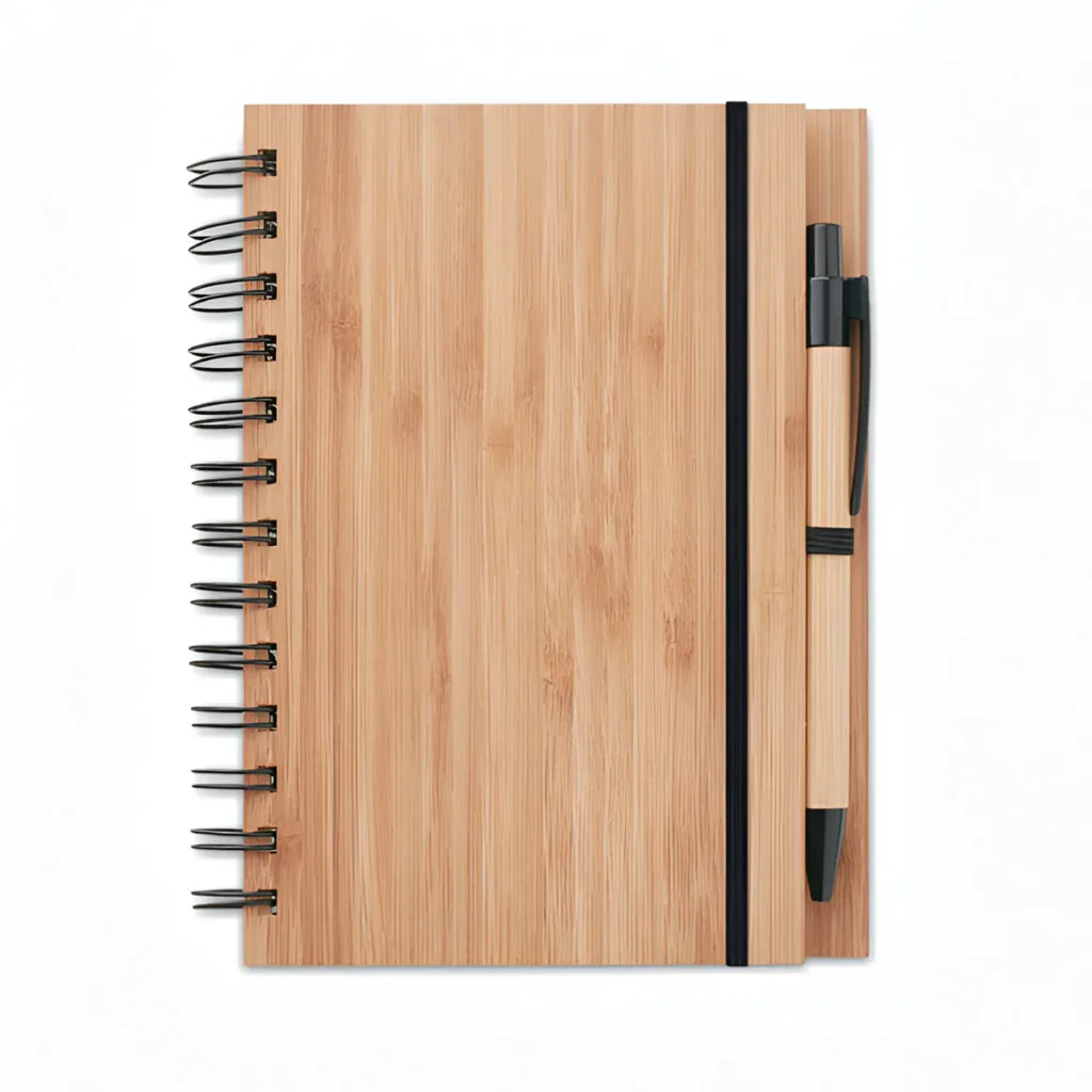 A bamboo notepad set with a pen 0