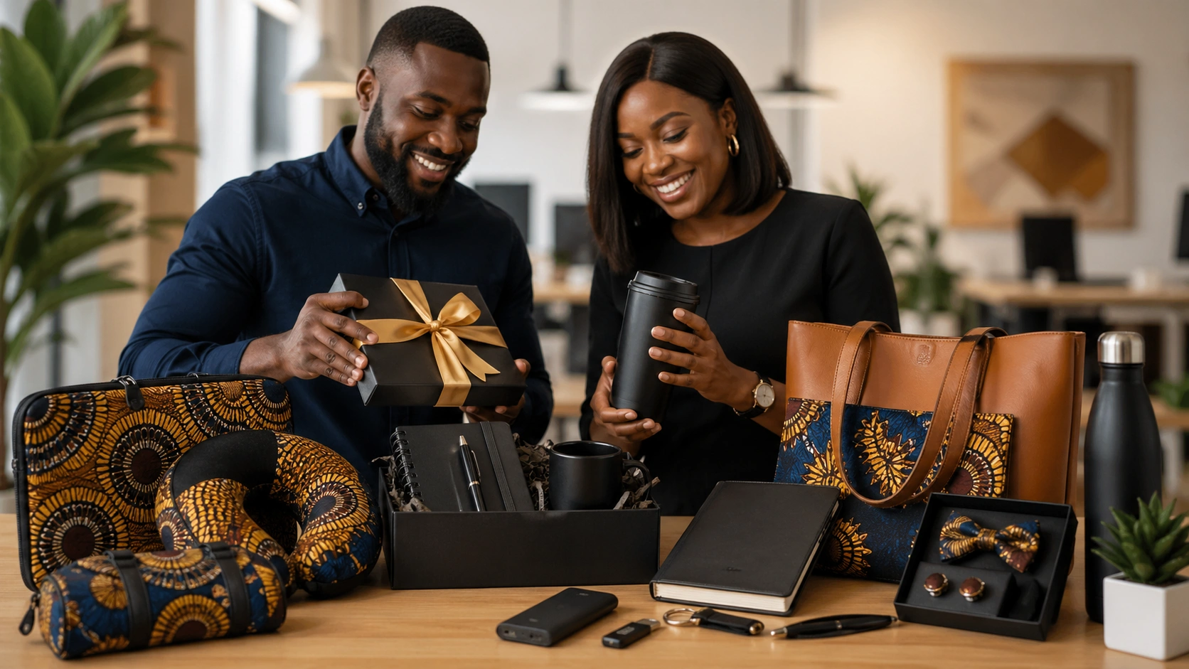 A Nigeria woman and man with multiple corporate gifts