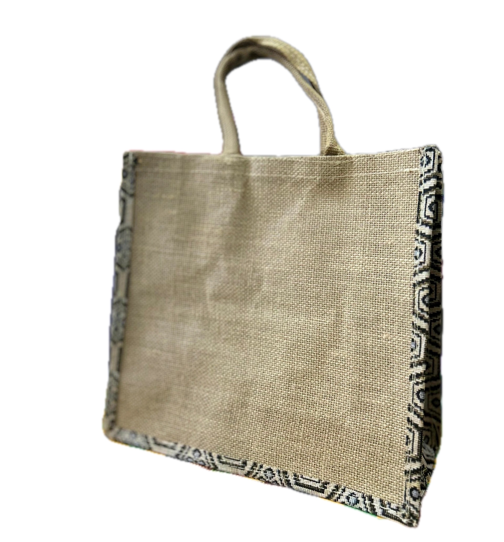 Green patterned jute tote bag with decorative border — wholesale bags Nigeria