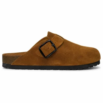 Pair of handmade men's brown/tan suede open-back clogs showcasing a clean, buckle-free design, a leather footbed insert, and a thick black rubber outsole.