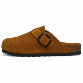 Pair of handmade men's brown/tan suede open-back clogs showcasing a clean, buckle-free design, a leather footbed insert, and a thick black rubber outsole.