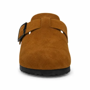 Pair of handmade men's brown/tan suede open-back clogs showcasing a clean, buckle-free design, a leather footbed insert, and a thick black rubber outsole.