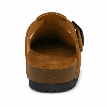Pair of handmade men's brown/tan suede open-back clogs showcasing a clean, buckle-free design, a leather footbed insert, and a thick black rubber outsole.