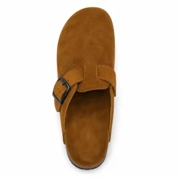Pair of handmade men's brown/tan suede open-back clogs showcasing a clean, buckle-free design, a leather footbed insert, and a thick black rubber outsole.