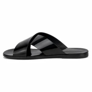Handmade men's glossy black criss cross slide sandal left view profile