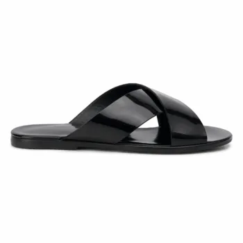 Handmade men's glossy black slide criss cross sandals right view