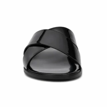 Handmade men's glossy black slide sandal criss cross front view