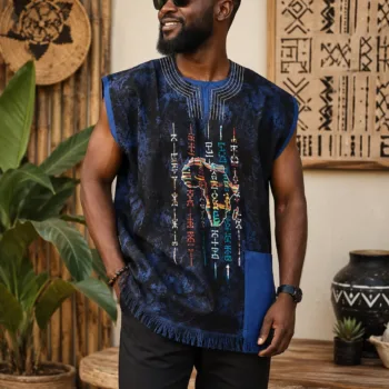 Male model wearing Adire tie dye shirt