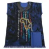 Dark blue tie and dye shirt decorated with colourful vertical tribal artwork, African map, and matching blue accent pocket.