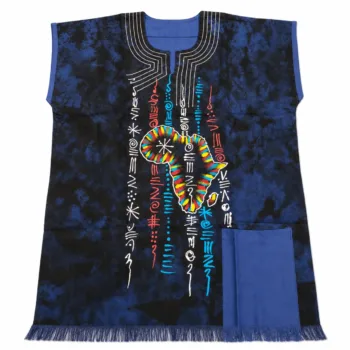 Dark blue tie and dye shirt decorated with colourful vertical tribal artwork, African map, and matching blue accent pocket.
