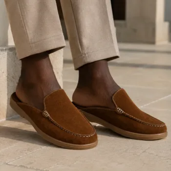mens suede backless loafers handmade mules on a model