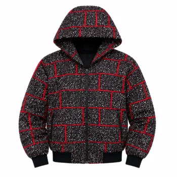 Woman wearing a black and red Ankara African print cropped zip-up hoodie jacket with hood and long sleeves.