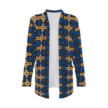 Blue Ankara African print kimono jacket for women with long sleeves and side pockets, styled with jeans and a white top.
