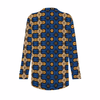 Blue Ankara African print kimono jacket for women with long sleeves and side pockets, styled with jeans and a white top.