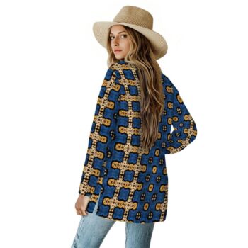Blue Ankara African print kimono jacket for women with long sleeves and side pockets, styled with jeans and a white top.