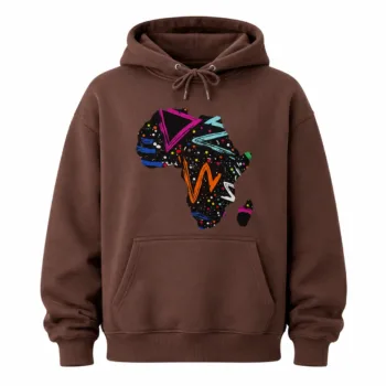 Brown unisex pullover hoodie featuring a colorful Africa map graphic with kangaroo pocket and adjustable hood.