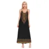 Black Dashiki African print sling maxi dress with colourful patterned neckline and hem
