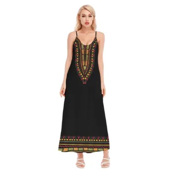 Black Dashiki African print sling maxi dress with colourful patterned neckline and hem