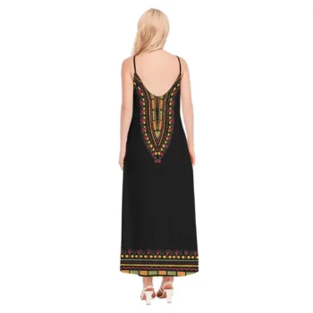 Black Dashiki African print sling maxi dress with colourful patterned neckline and hem