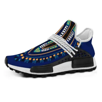 Blue Dashiki African print unisex mid-top sneakers with white laces and non-slip sole.