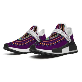 Purple Dashiki African print mid-top sneakers with white laces and Afrocentric pattern.