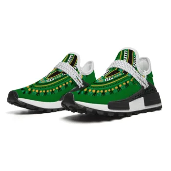 Green Dashiki African print unisex sneakers with breathable upper and rubber outsole.