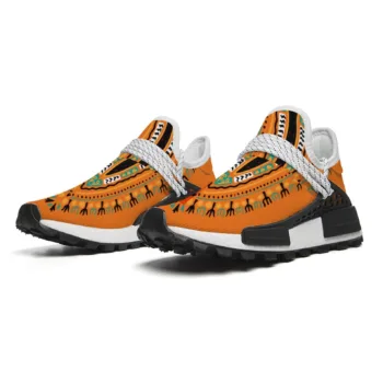Orange Dashiki African print mid-top walking shoes with white laces.