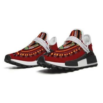 Red Dashiki African print unisex mid-top sneakers for casual streetwear.