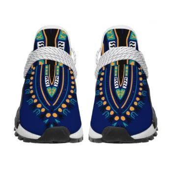 Blue Dashiki African print unisex mid-top sneakers with white laces and non-slip sole.
