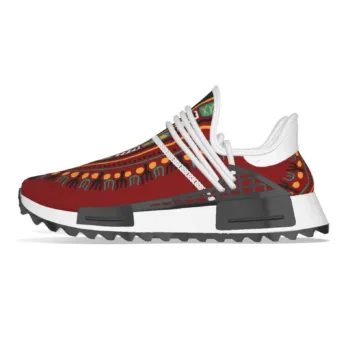 Red Dashiki African print unisex mid-top sneakers for casual streetwear.