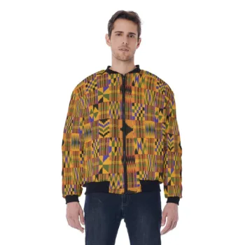 Men’s Kente-inspired African print bomber jacket with full zip and rib-knit trims