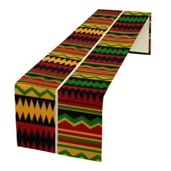 Green and orange Kente African print faux linen table runner with geometric pattern