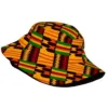 Kente African print bucket hat with colourful geometric pattern and black brim
